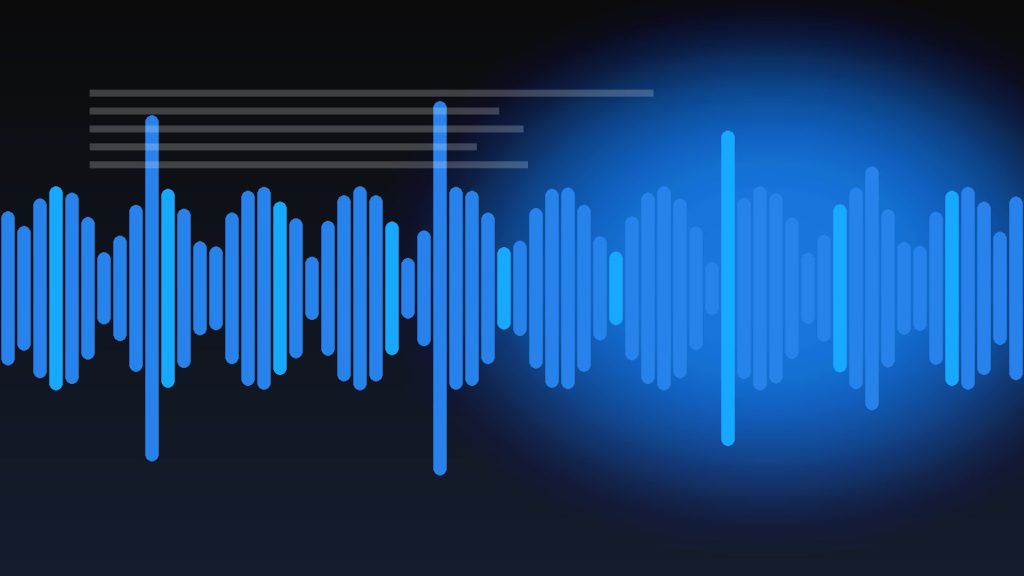 Audio waveform with script lines above it, illustrating voiceover script preparation